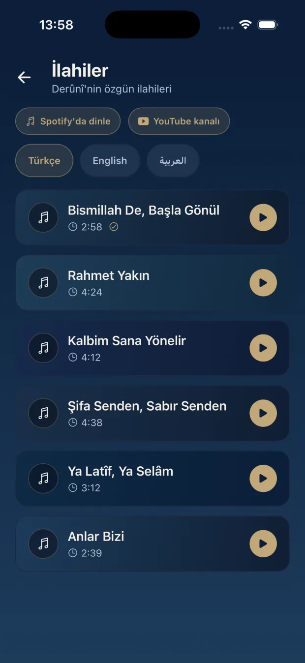 Deruni İlahiler ekranı: Türkçe, İngilizce ve Arapça sekmeleri ve eser listesi